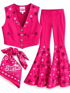 Barbie The Movie Western Cowgirl Costume Pink Flare Pants Vest Bandana